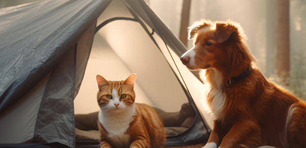 Cane e gatto in una tenda